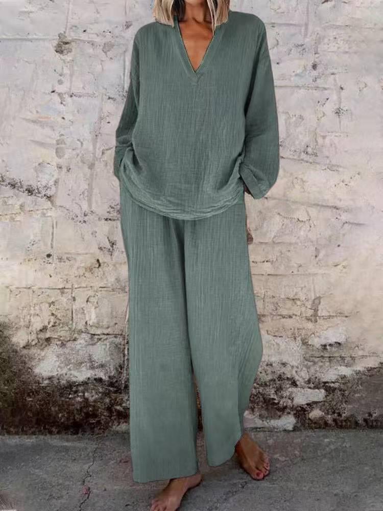 Women's Solid Color Casual V-neck Pullover Long Sleeve Trousers Suit