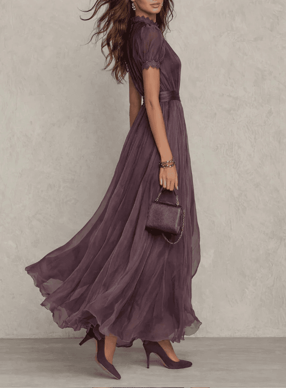 2026 Summer New Dark Purple High Collar Lace Edge Waist Short Sleeve Big Swing Chiffon Long Dress