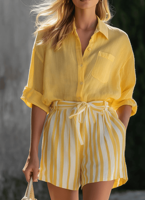 Sunny Yellow Shirt & Striped Shorts Two-Piece Set