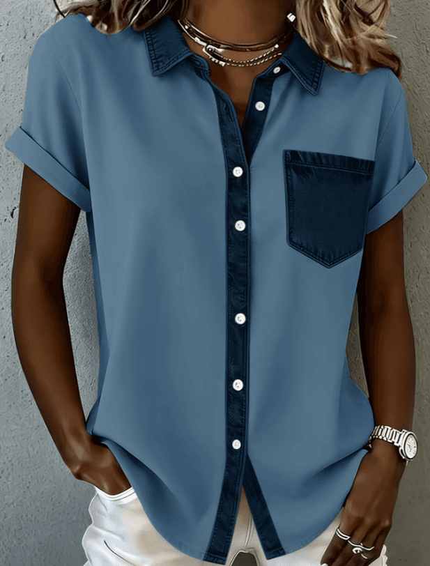 Casual Collared Button-down Color-blocked Pocket Short-sleeved Shirt For Women, Loose Fit, Suitable For Commuting.