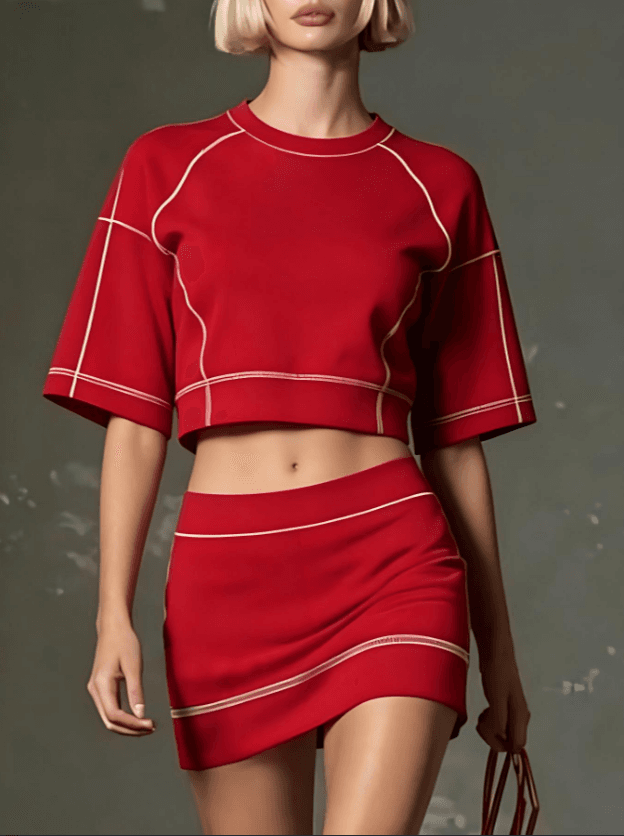 Red Contrast Stitch Cropped Top And Mini Skirt Two Piece Set
