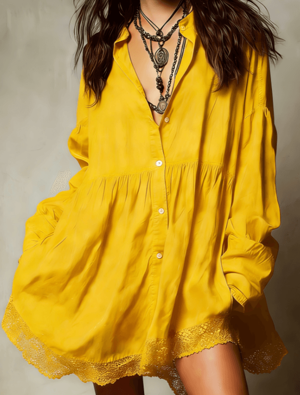 Lace-trimmed Collared Loose Babydoll Shirt Dress
