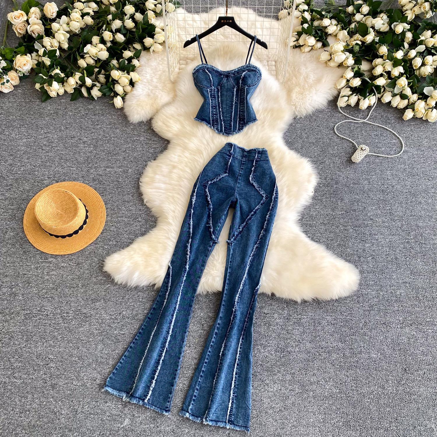 New Style Chic Streetwear Denim Cami Top And Slim-fit Pants Two-piece Set