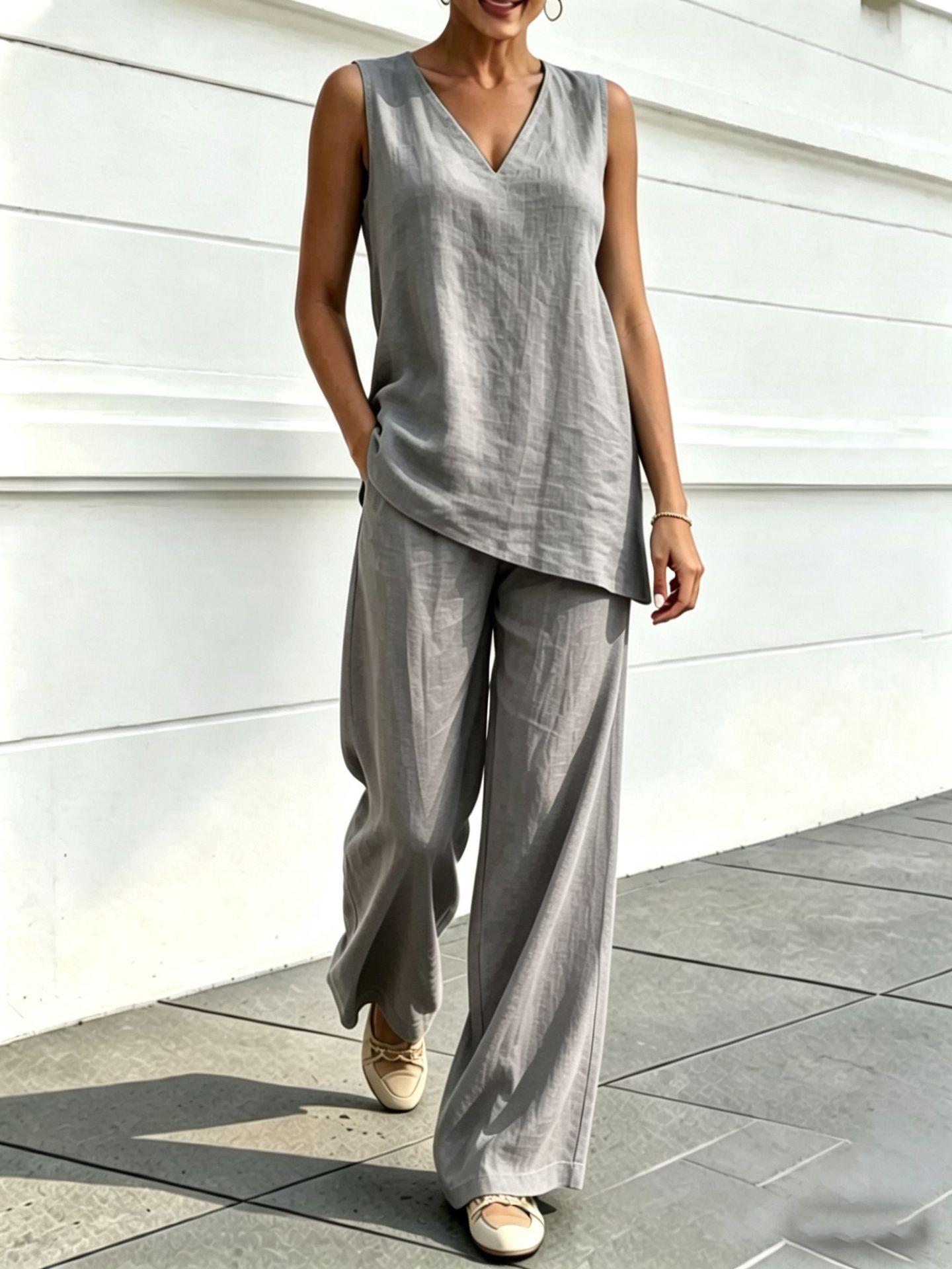 Womens V-neck Sleeveless Cotton-Linen Top And Wide-Leg Pants Set