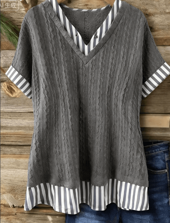Charcoal Gray Cable Knit Striped V-Neck T-Shir