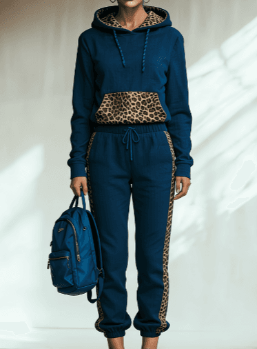 Leopard Print Patchwork Hooded Sweatshirt Set