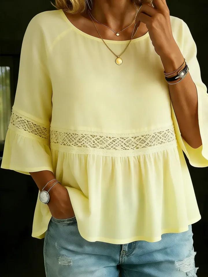 Loose Cotton And Linen Lace-Patched Crew-Neck Womens Top