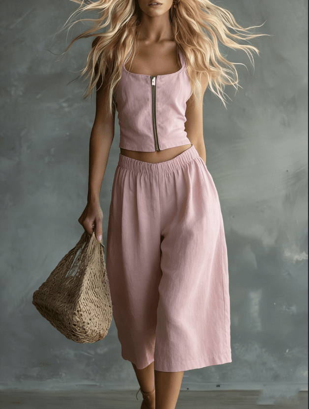 Casual Sleeveless Halter Neck 2 Piece Wide Leg Pants Outfit