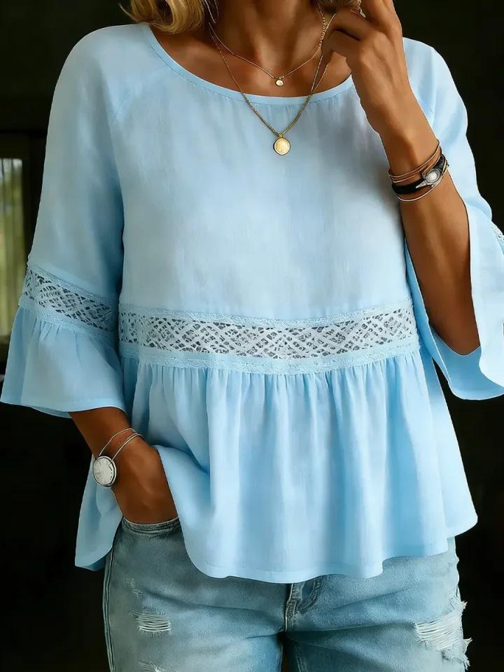 Loose Cotton And Linen Lace-Patched Crew-Neck Womens Top