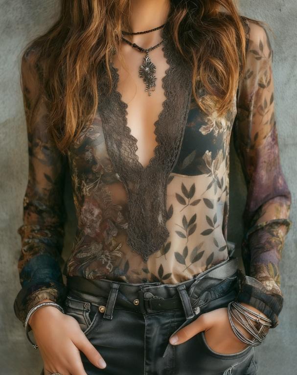 Floral Print Lace V-neck Women's Long-sleeved Casual Shirt