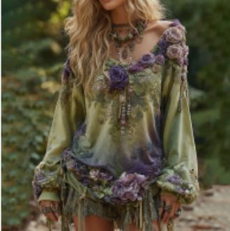 Vintage  Roses Gradient Linen Blouses