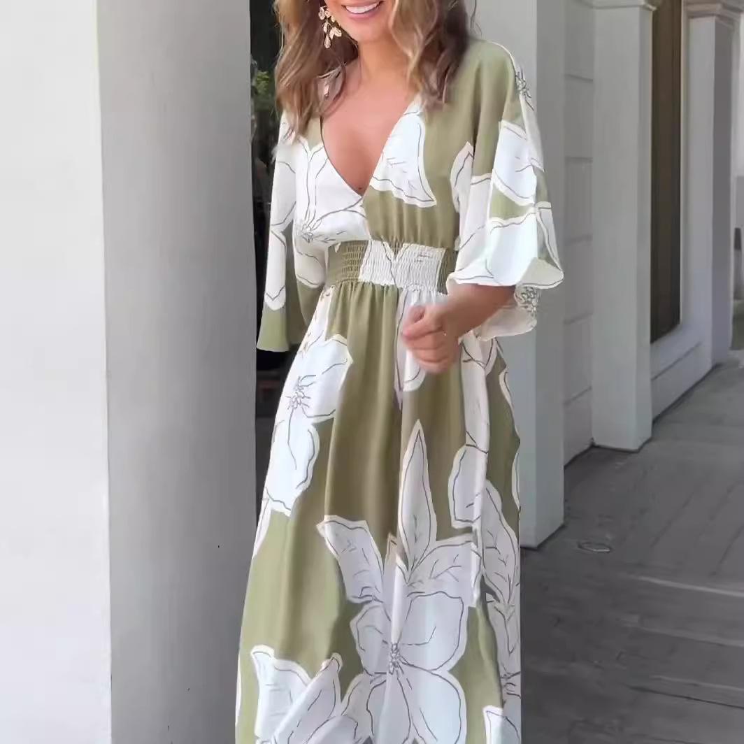 Flower Printed V-neck Batwing-sleeved Dress Fashion Elegant Backless Long Dresses Women's Clothing