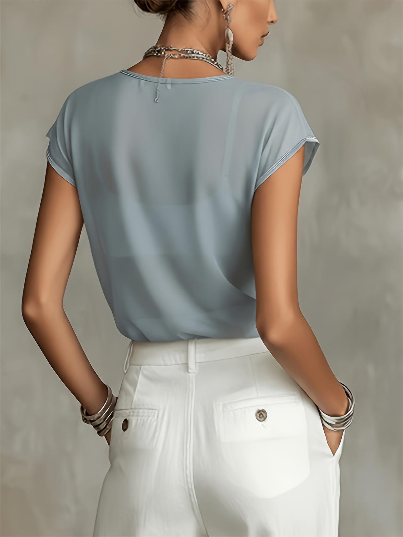 Women's French-style Elegant Gray-blue Mesh Short-sleeve Top