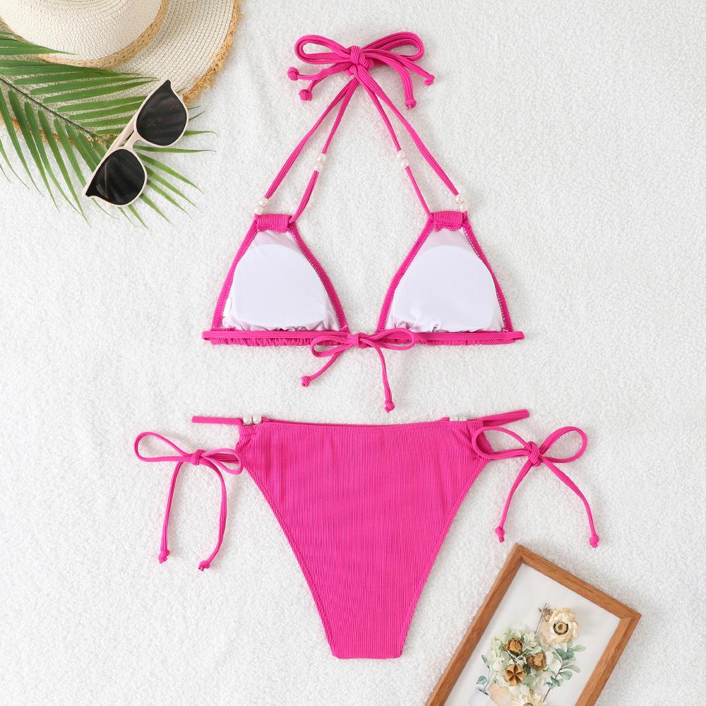 Separate Swimsuit Solid Color Deep V-neck Halter-style Lace-up Sexy Bikini