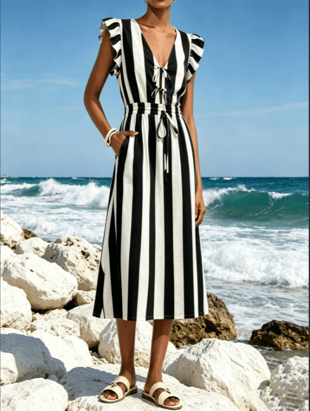 Black White Vertical Stripe Ruffle Sleeve Tie Front Drawstring Waist Midi Dress