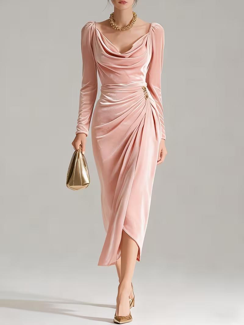 Long Sleeve Pleated Long Slit Velvet Sheath Dress