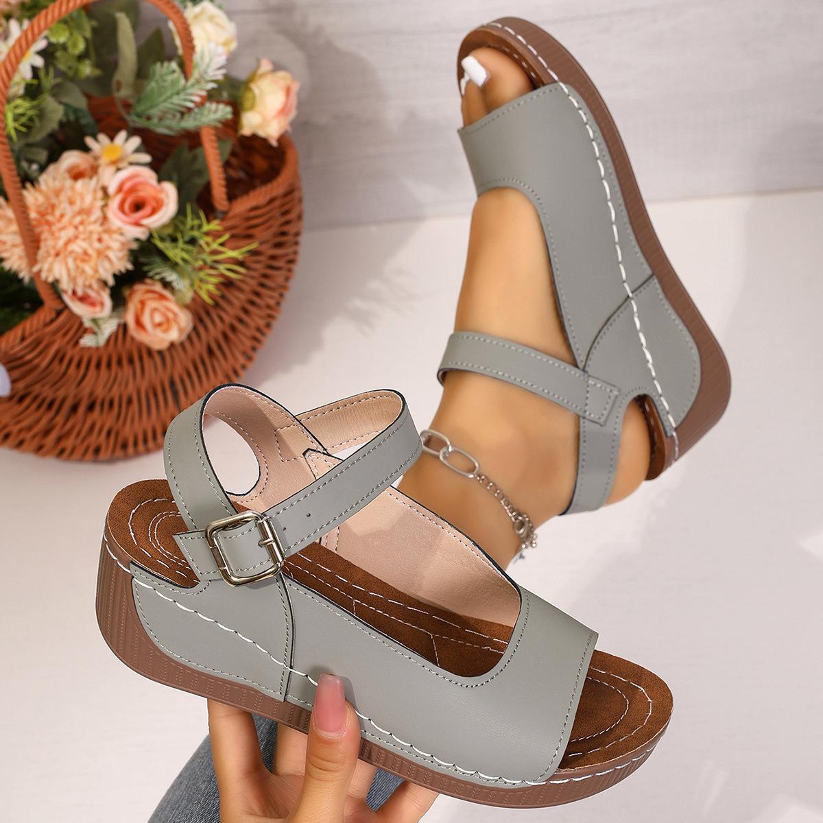 Wedge-heel Thick-soled Breathable Buckle-strapped Womens Beach Sandals