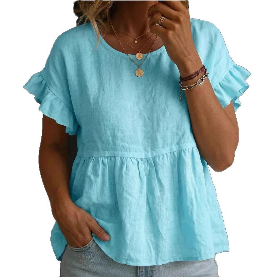 Solid-color Crewneck Short-sleeve Ruched Casual Shirt