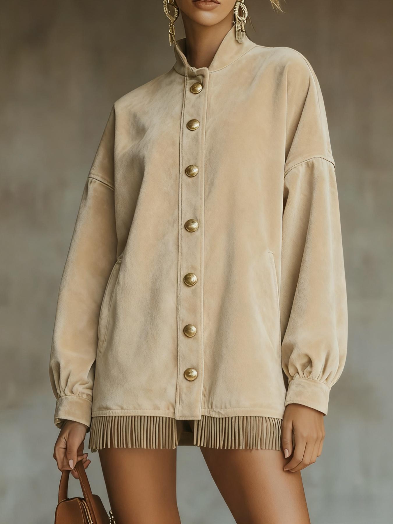 Velvet Fringed Hem Casual Stand-up Collar Button-down Loose Sweatshirt Dress