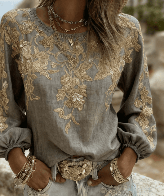 Women's Vintage Rose Embroidery Puff Sleeve Casual Round Neck Long Sleeve Top