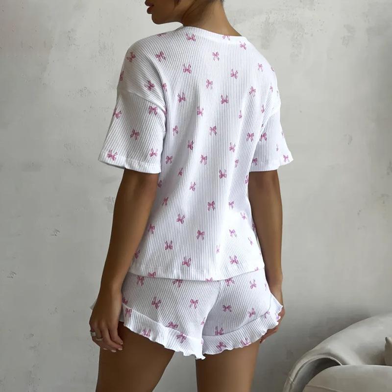 Casual Women's Home Bow Print Short Sleeve Lace Shorts Set