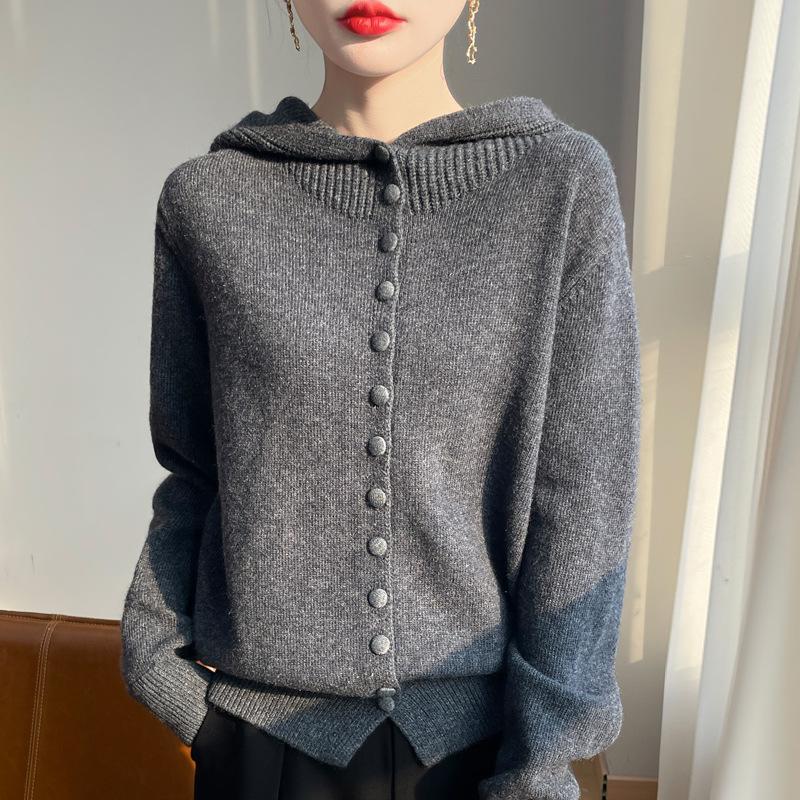 Womens Knitted Sweater Stylish Western Style Solid Color All Match Hooded Knit Cardigan
