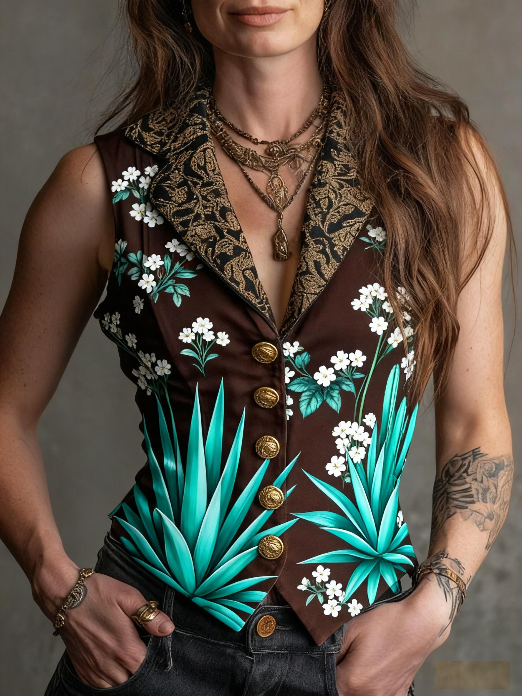 Printed Casual Sleeveless V-neck Slim-fit Vest