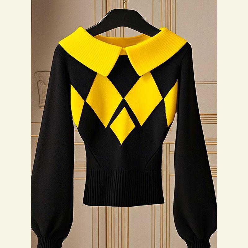 European Goods Western Style Unique Chic Niche Idle Style Black Diamond Plaid Sweater