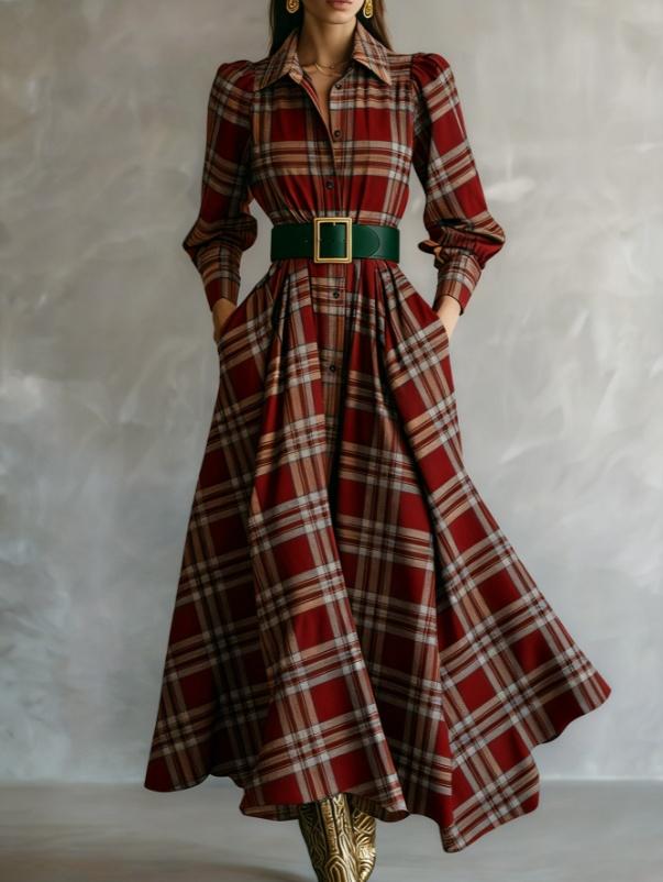Waist-cinching Shirt Collar Casual Long Dress