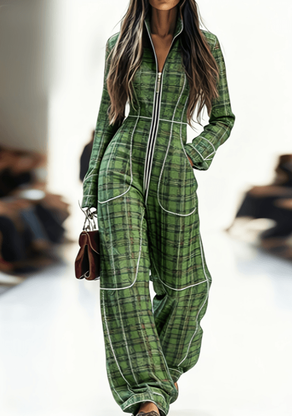 Zippered Long-sleeved Casual Wide-leg Jumpsuit
