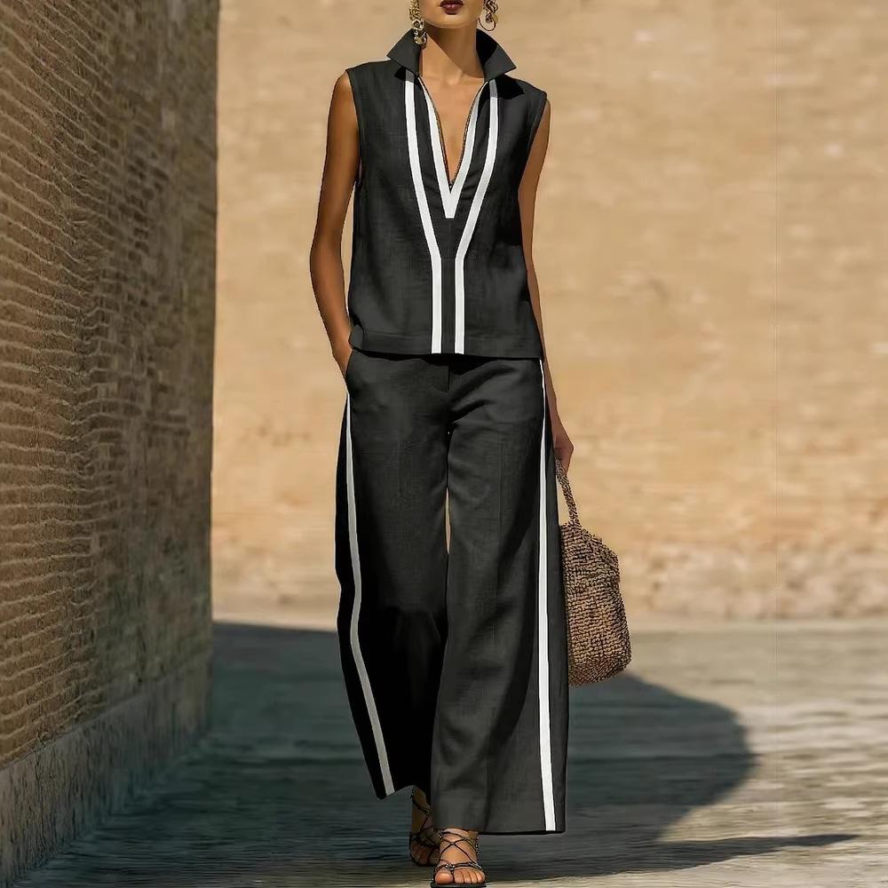 Womens Contrasting-Color Sleeveless Single-Breasted Vest And Drawstring Pants Set