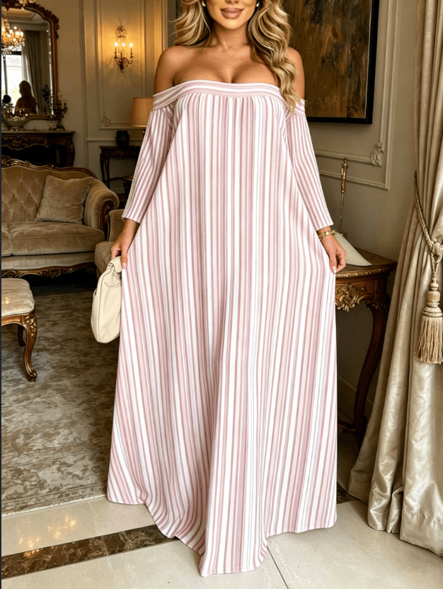 Off Shoulder Long Sleeve  Striped Maxi Dress