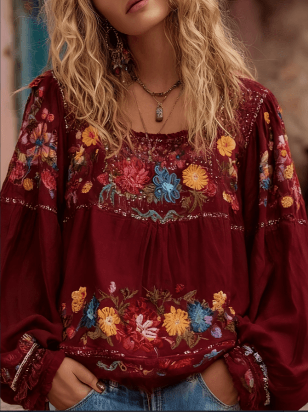 Square-neck Loose Lantern-sleeve Cotton And Linen Top
