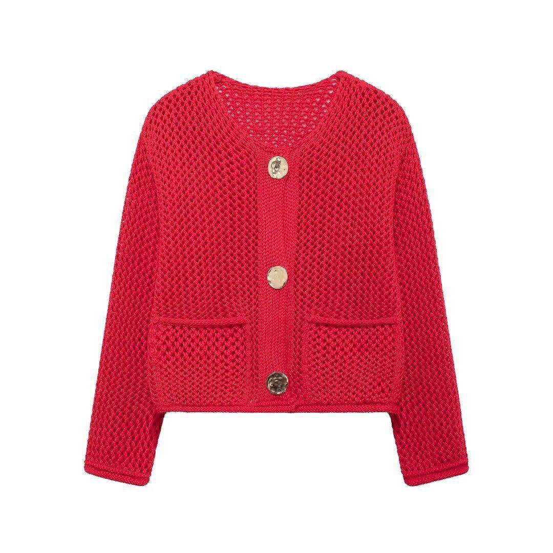 Womens Solid-color Single-breasted Round-neck Jacket With Two Pockets