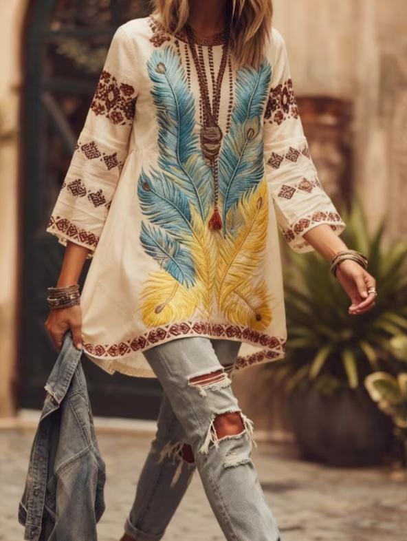 Ethnic Patterned Round Neck Bell Sleeve Casual Top