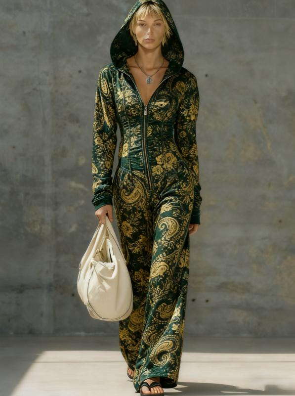 Printed Casual Hooded Zip-up Slim-fit Long Jumpsuit