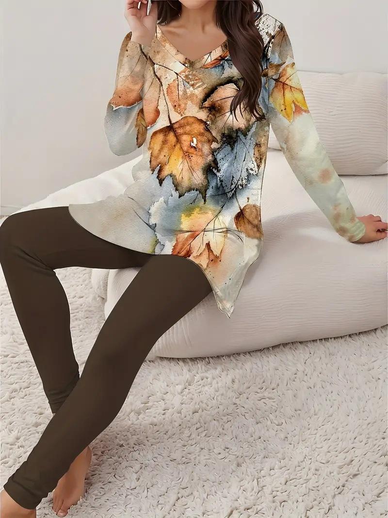 Women Vintage Fashion Floral V-neck Long Sleeve Leggings Printing Suit