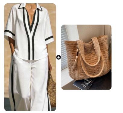 Color Block Short Sleeve Top And Wide Leg Pants Two Piece Set - Casual Summer Loose Fit Matching Outfit For Women Daily Wear