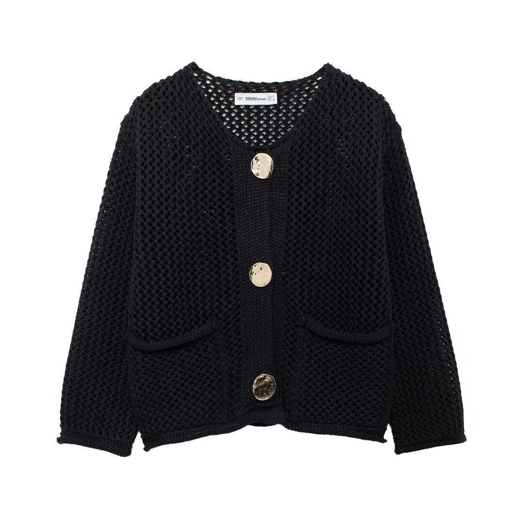 Womens Solid-color Single-breasted Round-neck Jacket With Two Pockets