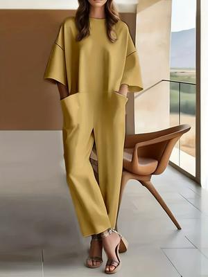 Women's Short-sleeve Long Casual Jumpsuit With A Round Neck And Wide-leg Fit