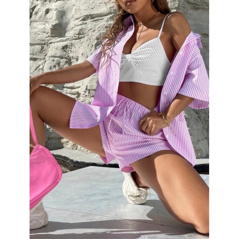 Casual Temperament Women's Striped Two-piece Short Sleeve Shirt Outfit