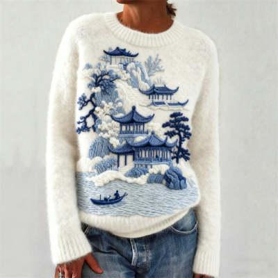 Thick Needle Digital Printing 3D Round Neck Sweater