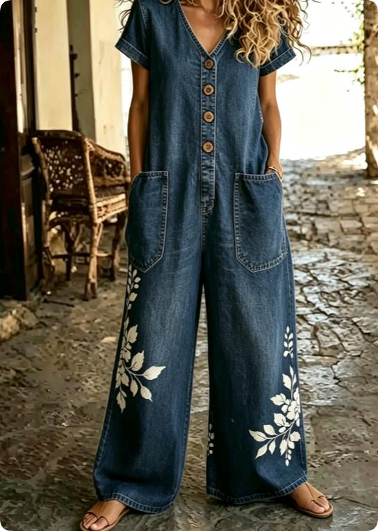 Buttoned Pockets Comfortable Short Sleeves Casual One-piece Wide-leg Jumpsuit