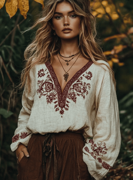Retro Floral Print V-neck T-shirt