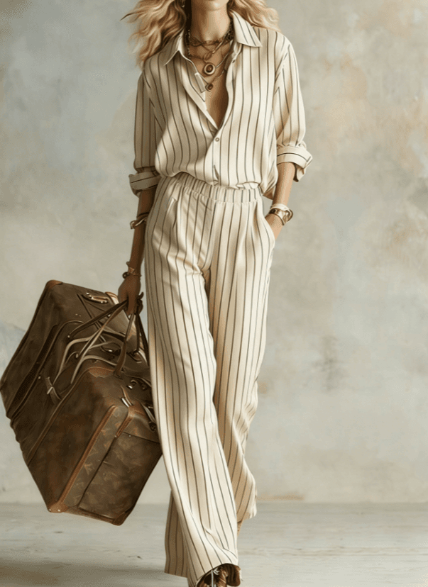 Vertical Striped Collared Loose Long-sleeved Shirt And Wide-leg Pants Suit