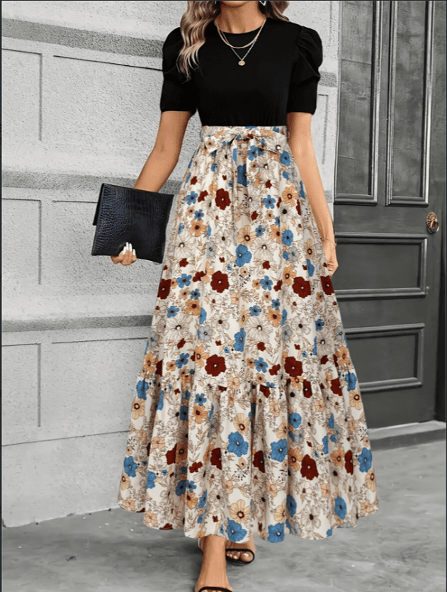 Leaf Print 2-in-1 High Waist Maxi Dress, Vintage Floral A-Line Long Dress