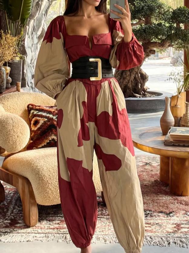 Red-Brown Colorblock Square Neck Puff-Sleeve Waist-Cinched Jumpsuit
