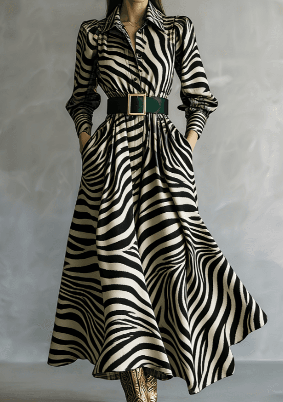 Waist-cinching Shirt Collar Casual Long Dress