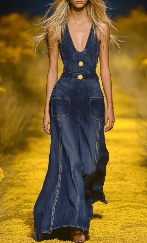 Vintage Halter Neck V-neck Slim Waist Long Skirt - Multi-color Denim Style Utility-inspired Long Dress