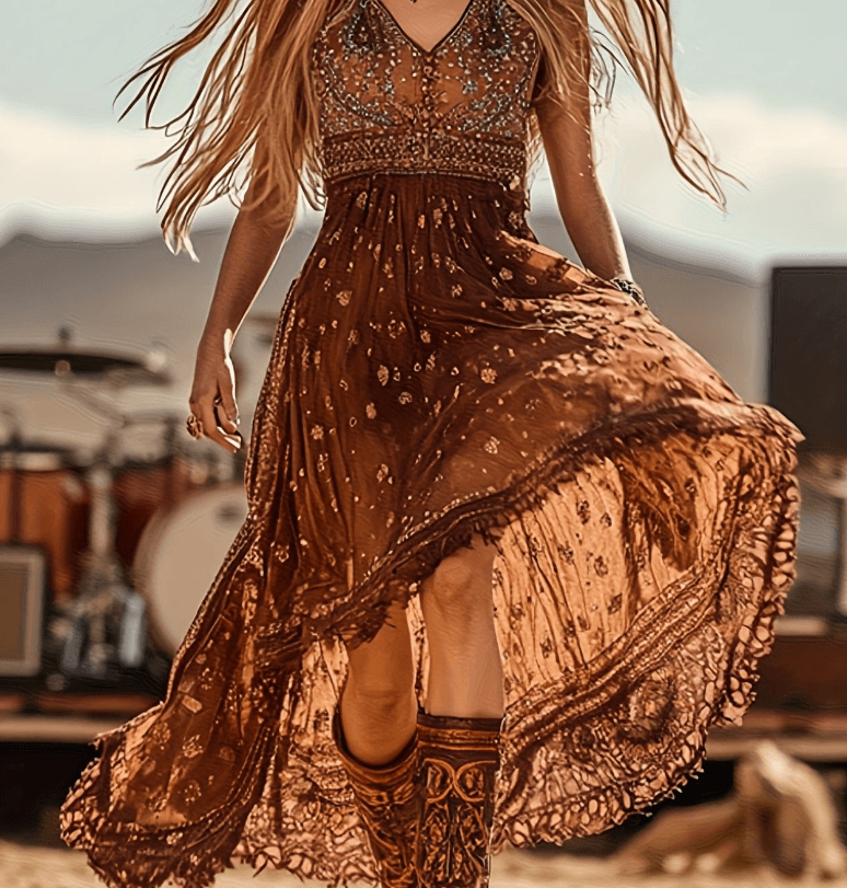 Women's Western Bohemian Style V-neck Sleeveless Full Skirt